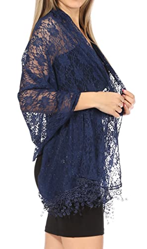 Sakkas Mari Women's Large Lightweight Soft Lace Scarf Wrap Shawl Floral and Fringe - color: Style2-navy