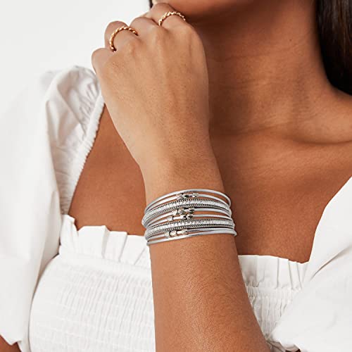 Leather Wrap Bracelet Set 3Pack Wrist Cuff Bracelet for Women Multilayer Magnetic Clasp Bracelet Feather Tree Bead Crystal Bracelet - color: Love Crystal