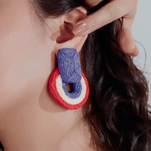 Statement Raffia Earrings Cute Boho Earrings Rattan Dangle Earrings Handmade Straw Wrap Earrings Summer Drop Dangling Earrings for Women Teen Girls - color: White/Red/Blue