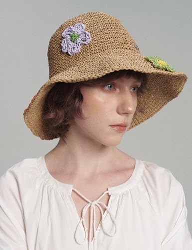 Women Straw Sun Hat Summer Beach Hats Foldable Floppy Cap Wide Brim Bucket Hat Solid Handmade Sun Protection Caps - color: Flora-khaki