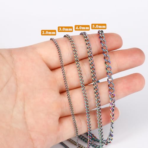 33FT Colorful Stainless Steel Curb Chains Roll, 3mm 304 Stainless Steel Multi Color Flat Twisted Links Curb Chains Bulk Spool for Jewelry Making DIY Craft - color: Colorful, size: 3.0mm width