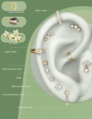 ORAZIO 16 Gauge Cartilage Earrings for Women Flat Back Hypoallergenic Surgical Steel Small Flatback Stud Hoop Cartilage Earring Stack Set Daith Conch Tragus Helix Piercing Jewelry Single PC - color: 14K Gold Plated
