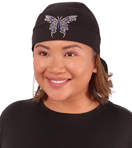 Sparkling EARTH - American Made Skull Caps Doo Rags Do Rag Durag Headwrap Head Wraps Skullies - Made in The USA! - color: Large Blue and Silver Butterfly Rhinestud Rhinestone