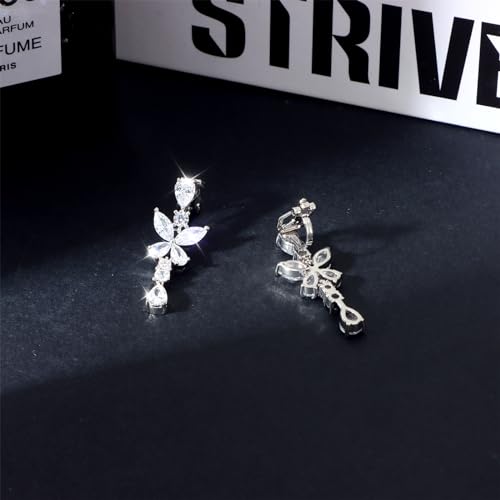 Awinesn Clip on Earrings for Women 925 Sterling Silver Plated Cubic Zirconia Long Tassel Dangle Drop Earrings Non Pierced Earrings for Women Jewelry Gifts Wedding Party - color: butterfly 1