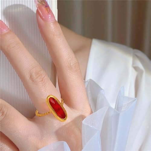 18K Gold Plated Adjustable Twisted Rings for Women Non Tarnish Oval Czech Glass Stone Stainless Steel Statement Rings Open Gemstone Boho Stackable Band Jewelry - color: Red