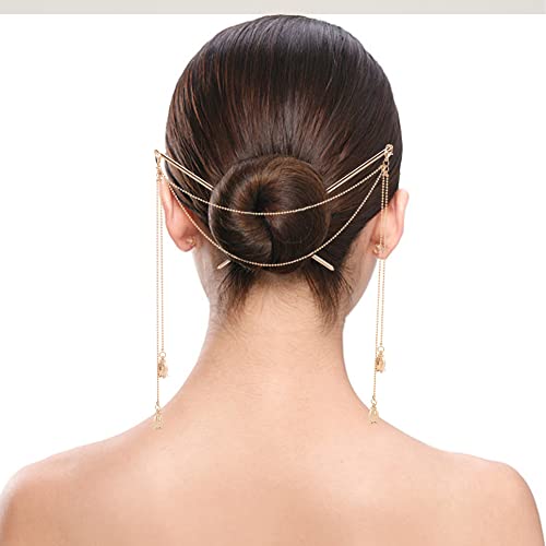 WEBBEDY 2-Style Chinese Double Chain Hair Chopsticks Vintage Tassel Hair Sticks Hanfu Chignon Hairpins Hair Accessories for Long Hair