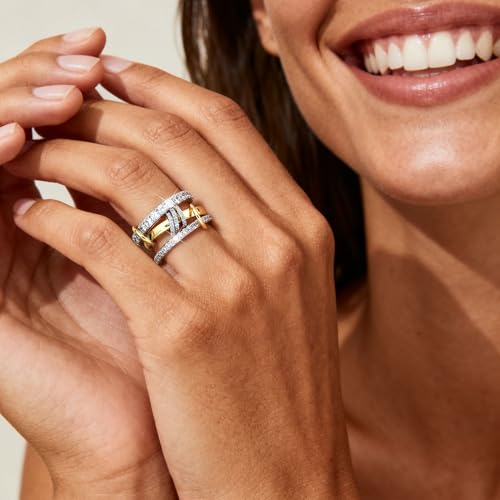 PATISORNA Gold Stackable Rings for Women Non Tarnish 18K Gold Plated Interlocked Stack Rings Set Silver Gold Mixed Metals Multi Ring Statement Thumb Rings Cubic Zirconia Connected Bands Fashion Jewelry Gifts - color: Three Circles Bands & CZ