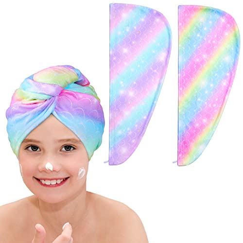 Basumee Microfiber Hair Towel Wrap for Kids 2 Pack Rapid Drying Hair Towel with Button Hair Turbans for Wet Hair Wraps Head Towel Wrap for Women and Girls, Rainbow - color: Rainbow