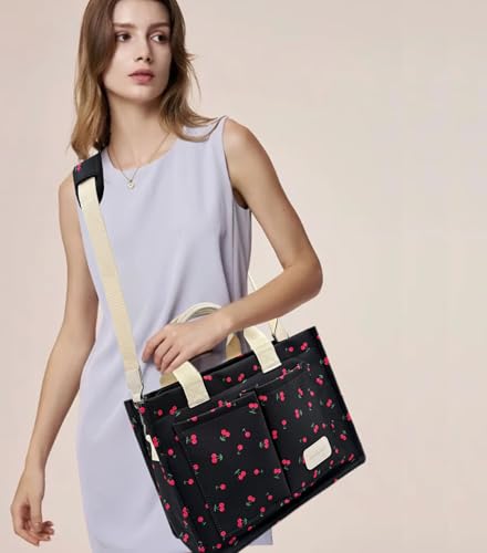 Large Canvas Tote Bag for Women Work Tote Bags with Pockets Laptop Crossbody Purses Everyday Bag Handbags for Travel - color: New Upgrade Plus Cherry Black