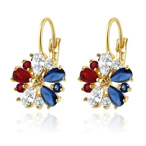 Vintage 14K Gold Plated Flower Birthstone Earrings - Hypoallergenic Leverback Floral Earrings, Trendy Jewelry Gifts for Women - color: Gold-Patriotic