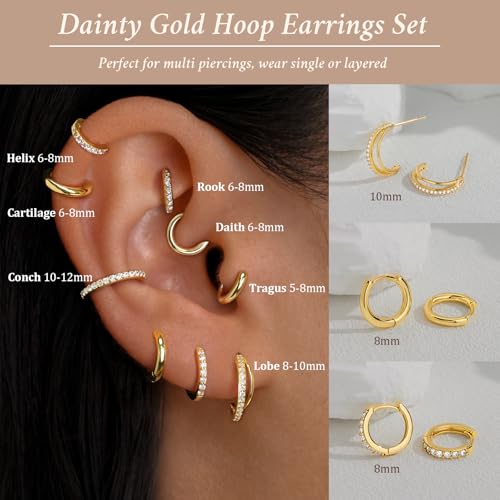 Poxtex Small Sterling Silver Huggie Hoop Earrings Set for Women, Hypoallergenic 14K Gold Plated Hoops Stacks for Multiple Piercings, Dainty Cute Mini Lightweight Cartilage Studs Trendy Jewelry Gift - color: Gold-double hoop