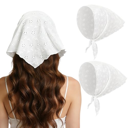 2 Pieces Head Bandana, Lace Head Scarf White Headband for Women Vintage Adjustable Kerchief Parties Dances Ballets