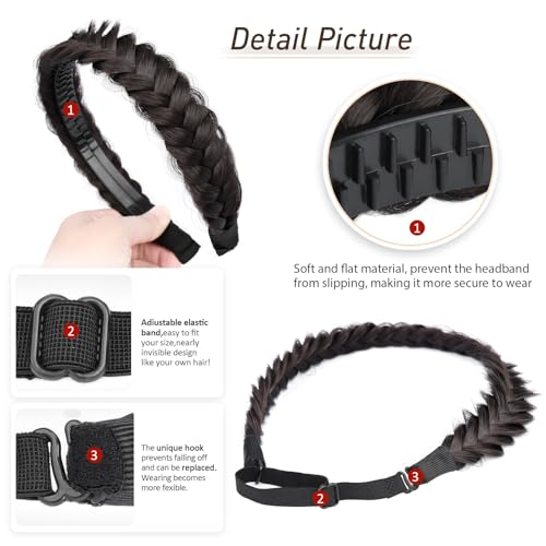2PCs Braided Headband with teeth Handmade Messy Wide Synthetic Hair Elastic Stretch Fluffy Hairpiece for Brides (Chocolate) - color: Chocolate