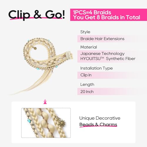 REECHO Clip in Braid Hair Extensions for Women, 20" Boho Dreadlock Clip in Braids with Beads & Charms, 2PCS Handmade Synthetic Braided Hairpieces for Cosplay Daily Styling, Light Blonde - color: Light Blonde, size: 20 Inch