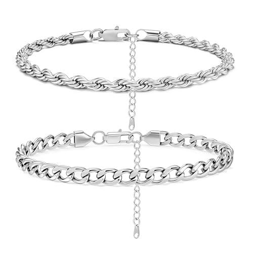 2PCS Ankle Bracelets for Women - Gold/Silver Plated Stainless Steel Anklets Set - Waterproof Layered Cuban Link Chain Anklet Bracelet Summer Beach Foot Jewelry Gifts for Women (Style 3-Silver)