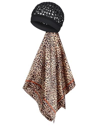 Protective Hair Wrap Scarf & Hair Net 2 in 1 - Satin Scarf with Net for Sleeping, Travel & After Silk Press - color: Classic Leopard