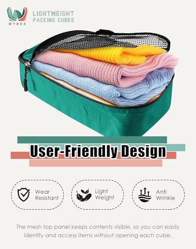 WTREE 4-Piece Packing Cubes Travel Accessories Set for Suitcases - Luggage Organizer Bags with Double Zipper - Mesh Top - Small/Medium/Large/Slim - Green - color: Green, size: Slim, Small, Medium, Large