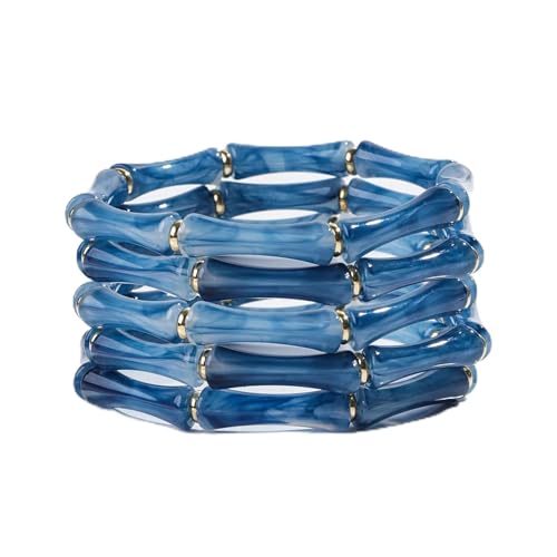 iF YOU 6pcs Chunky Acrylic Bangle Bracelets for Women, Resin Bamboo Brown Stretchy Bracelet Stack, Fashion Jewelry for Women - color: 5pcs-dark blue bracelets