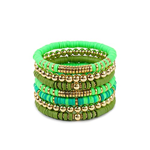 Elegance 11 designs Heishi Beaded Bracelets For Women Polymer Clay Colorful Surfer Stackable Beads Boho Bracelet Summer Beach Jewelry - color: Green