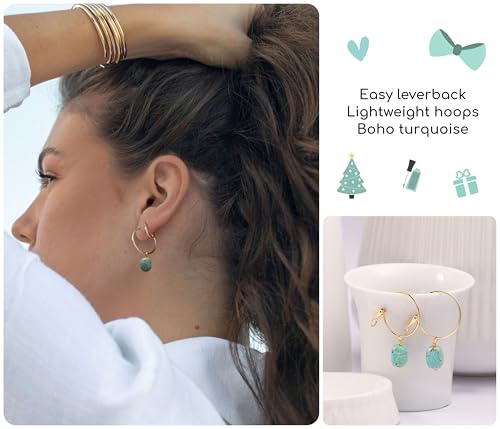 Gold Plated Huggie Hoop Earrings with Charms Fashion Pearl Drop Dangle Earrings for Women Handmade Karma Circle Jewelry for Ladies Lightweight Pearl Earrings on Christmas - color: turquoise