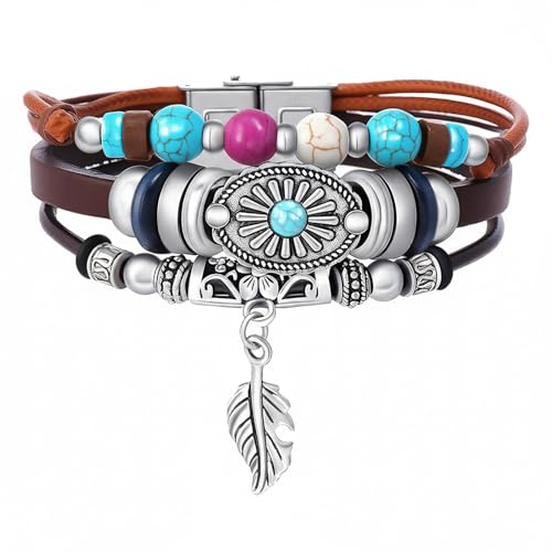 Turquoise Leather Western Bracelets for Women Men Bohemian Retro Turquoise Wrap Bracelets Exquisite Layered Stacked Cowboy Cowgirl Bracelet Western Country Concert Outfits Leather Cuff Bracelet for Women - style: Feather,Turquoise