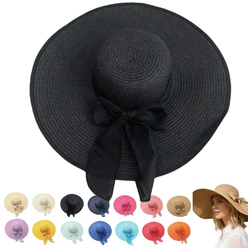 Women’s Straw Sun Hat Wide Brim Packable - Boho Beach Hat for Summer Vacation, Poolside Relaxation and Tropical Travel - color: Black