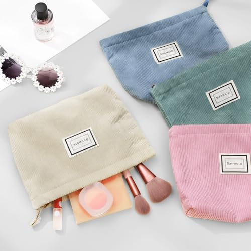 Sanwuta 4 Pack Velvet Makeup Bag Cosmetic Bag for Women Large Capacity Corduroy Pouch Zipper Canvas Travel Toiletry Purse Make up Organizer Case Accessories (Light Color,Plaid) - color: Light Color