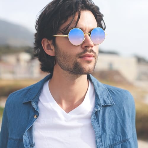NACHLYNN Round Hippie Sunglasses Metal Border Circle Hippie Glasses UV380 Protection 70s Sunglasses for Men Women Party Favor - color: Blue Pink
