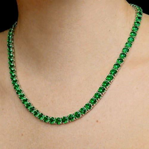 Savlano 18K Gold Plated Cubic Zirconia Round 4.5MM Classic Tennis 18 Inches Chain Necklace For Women & Men Comes With a Gift Box - color: White Gold-Green CZ