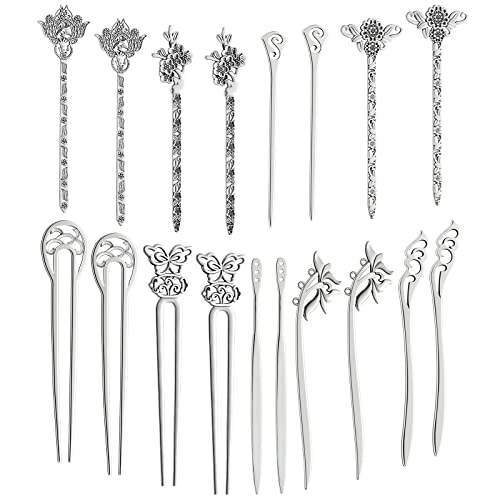 TUPARKA 18 PCS Silver Hair Sticks Vintage Hair Pins Chinese Women Hair Chopsticks Pins Retro Vintage Decorative for Hair Diy Accessory（9 Design） - color: silver