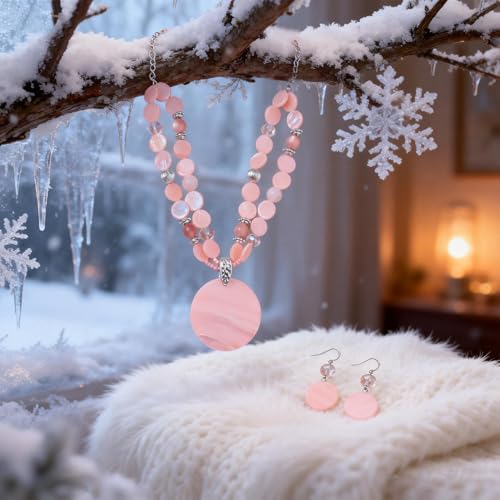 Layered Beads Statement Fashion Necklace Chunky Jewelry Set Big Colorful Glass Stone Circle Shell Pendant Choker Necklace and Earring Set for Women - color: peach