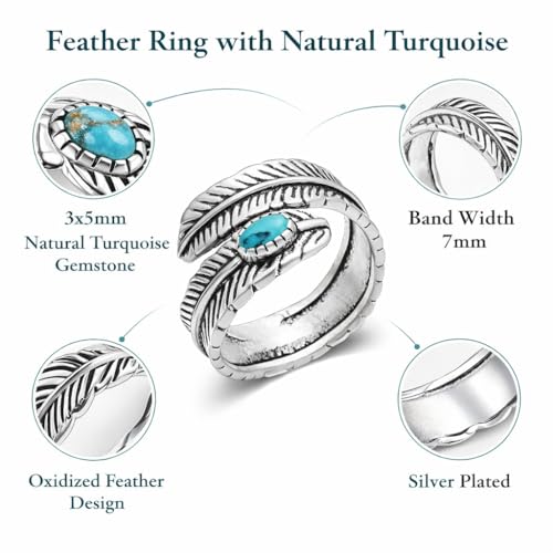 Silver Plated Feather Ring | 925 Silver Adjustable Open Ring | Vintage Leaf Design Inspirational Jewelry for Men & Women | Hypoallergenic Boho Statement Ring - color: Healing Turquoise