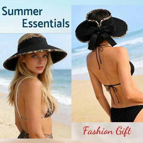 Women's Sun Visor Hats Wide Brim Beach Hat Straw Ponytail Visor Packable Foldable UPF 50+ Floppy Travel Hats - color: Black02