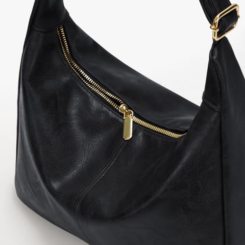 Brown Shoulder Bag for Women,Brown Leather Purse Slouchy Hobo Bags Everyday Purse Daily Commuting Bag with Zipper - color: Black