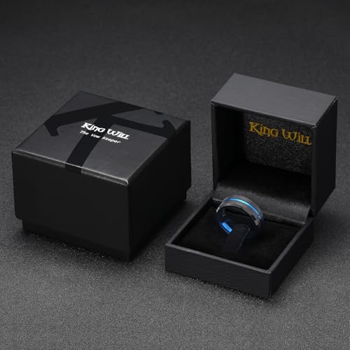 King Will Mens Tungsten Rings for Men Two Tone Grooved Mens Wedding Band Cool - color: Black & Blue 8mm, I Love You