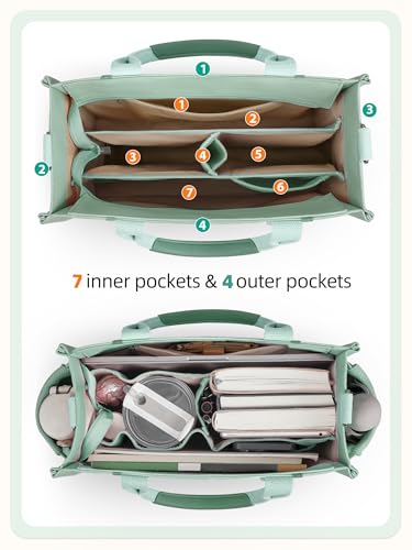 FIORETTO Women’s Canvas Tote Bag Purse with Zipper, Multi Compartment & Reinforced Bottom, Ideal for Work, Bible, Travel - color: Green, size: Large, style: Built-in Organizer
