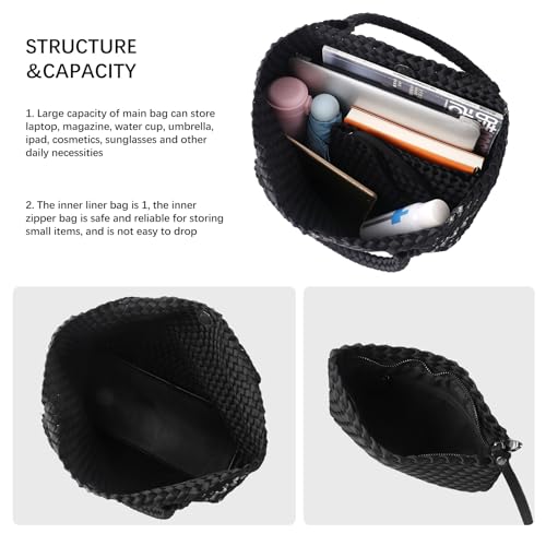 Woven Bag for Women, Large Neoprene Tote Bag Summer Beach Handbag Purse Retro Handmade Travel Shoulder Bag Set - color: Black-s