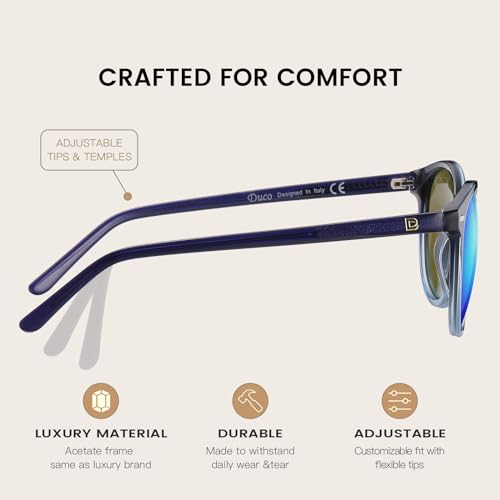 DUCO Women's Trendy Retro Round Acetate Polarized Sunglasses, UV400 99% Glare Block, Lightweight for Daily & Outdoor - color: Catalina Blue Frame Revo Blue Mirror