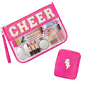 Hillban 2 Pcs Cheer Makeup Cosmetic Bag Cheerleader Team Gifts Clear Zipper Toiletry Pouch for Travel Chenille Letter Bag Pink Preppy Patch Purse PVC Waterproof Cheer Stuff Accessories for Women Girl - style: Cheer Theme