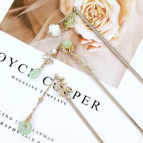 10 Pack Retro Gold Metal Long Hair Sticks Pins with Pearl Jade Dangles Tassels Pendants Chinese Hanfu Asian Flower Butterfly Hair Chopsticks Hair Picks Bun Forks Holders Hairpins