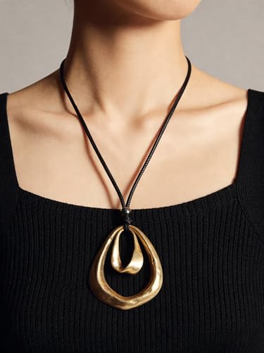 Kelake Leather Necklace for Women Men Teen Vinatge Boho Alloy Pendant Choker Jewelry Fashion Sweater Necklaces with Adjustable Genuine Leather Chain - color: Gold Pear-shaped Double Circles Pendant