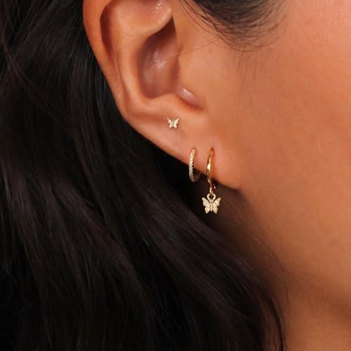 3 Pairs Small Earring Stacks, 14K Gold/Silver/Black/Rose Gold Plated Pearl Heart Butterfly Star Diamond Charm Drop Huggie Earrings Trendy Jewelry Gift for Women - color: Gold-Butterfly
