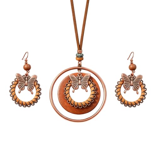 Wooden Leather Necklaces Set Bohemian Wood Stack Discs Long Chain Hemp Rope Bronze Plated Pendant Ethnic Tribal Fall Leaf Earrings Jewelry Statement Necklace - color: R-033