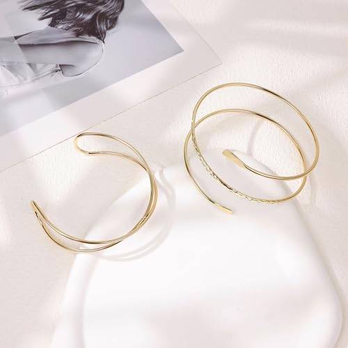 2Pcs Arm Cuff Gold Upper Arm Cuff for Women Adjustable Upper Arm Bracelets Open Irregular Arm Bangle Minimalist Coil Swirl Armlets Armband Jewelry - style: styleB gold