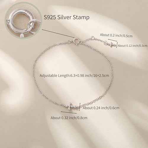 Double Cross Bracelet for Women 925 Sterling Silver Dainty 14K Gold Plated Cubic Zirconia Bracelet Faith Christian Bracelets Adjustable Chain Religious Christian Baptism Jewelry Gifts - color: Silver