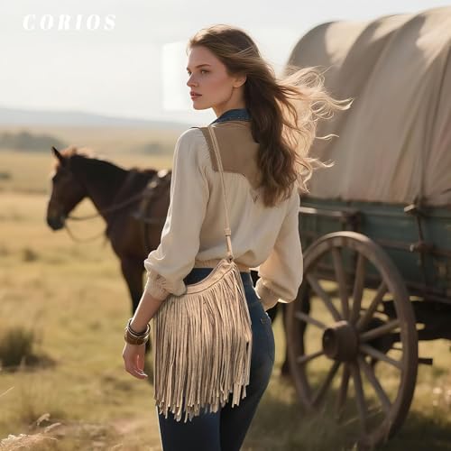 CORIOS Women's PU Leather Shoulder Bag Bohemian Fringe Crossbody Bag for Women Stylish Tassel Design Tote Handbag - color: Khaki
