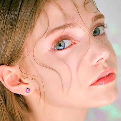 G23 Titanium Opal Stud Earrings for Women Girls Hypoallergenic Earring with 4mm 5mm Birthstone for Sensitive Ear Fashion Women's Jewelry(2pcs) - color: Hot Pink, size: 4mm