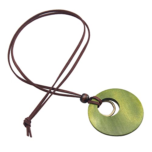 PU Leather Necklace Vintage Boho Style Multilayer Pendant Long Sweater Necklace Jewelry for Women Men with Adjustable Leather Cord - color: Green Wooden Pendant Necklaces