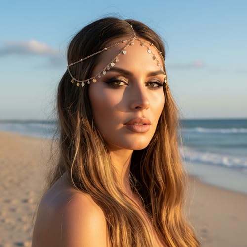 Head Jewelry for Women Rhinestone Sequin Gold Head Chain Boho Egyptian Gold Headpiece Hair Accessories for Women Egyptian Hair Accessories Festival Prom Wedding Bridal