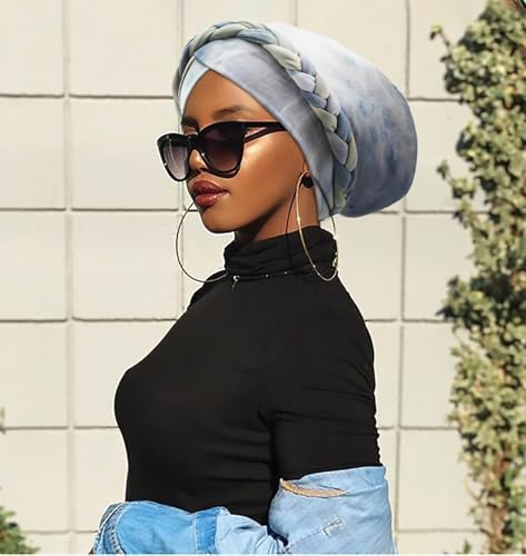 DRESHOW Turban Pre-Tied Twisted Hat Thread African Head Wraps for Black Women Chemo Cancer Cap Braid Hair Cover - color: 1 Pack Tie-dye Gradient: Light Teal